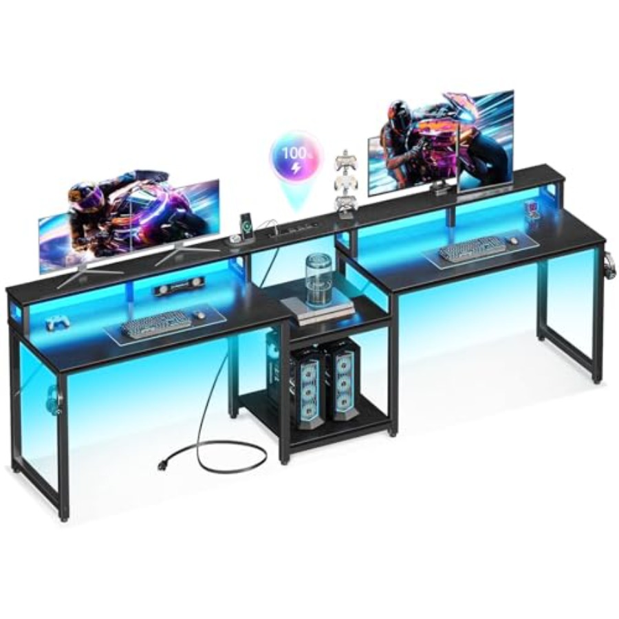 Desk Setup Black And Wood - Gaming desk for 2 persons, 98''
