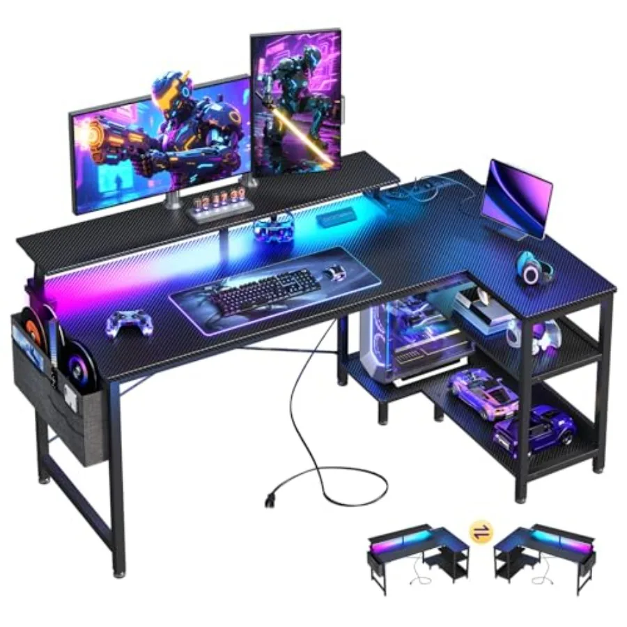 Desk Setup Black And Wood - L Shaped Gaming Desk with LED