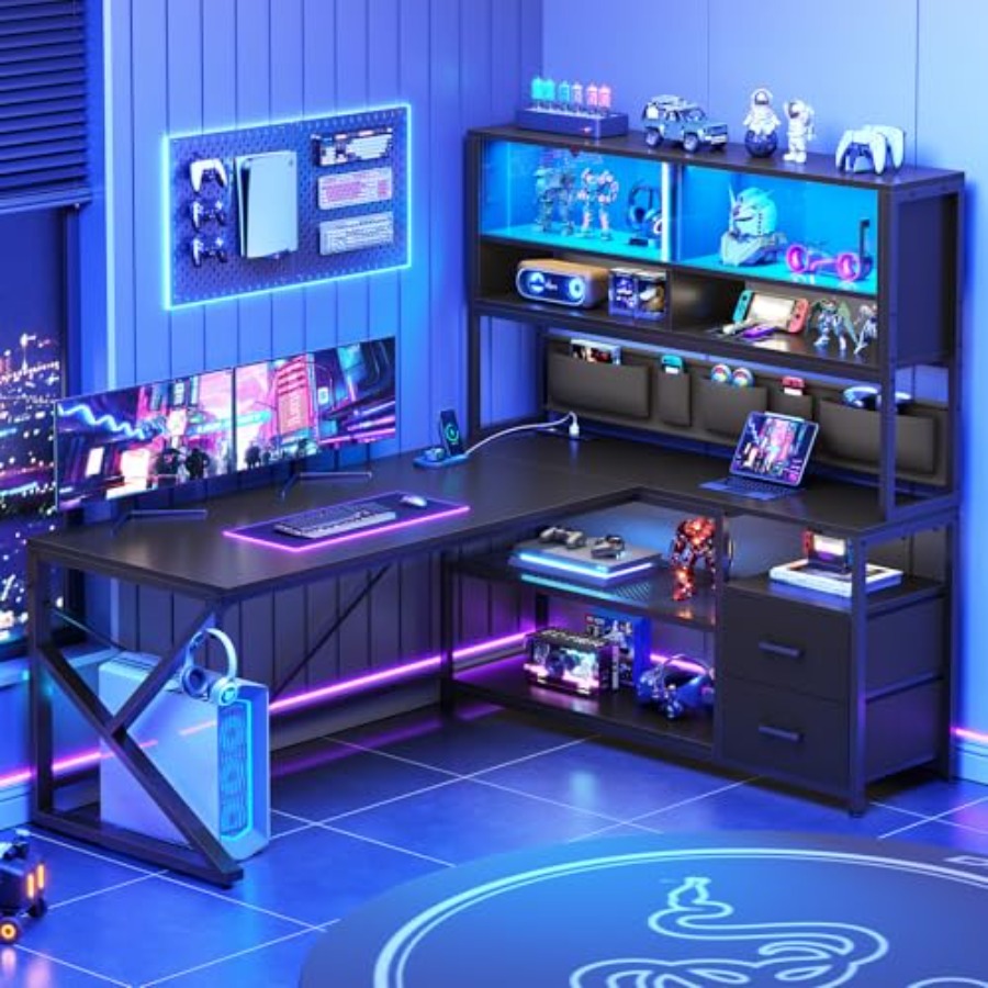 Desk Setup Black And Wood - L Shaped Gaming Desk with Storage