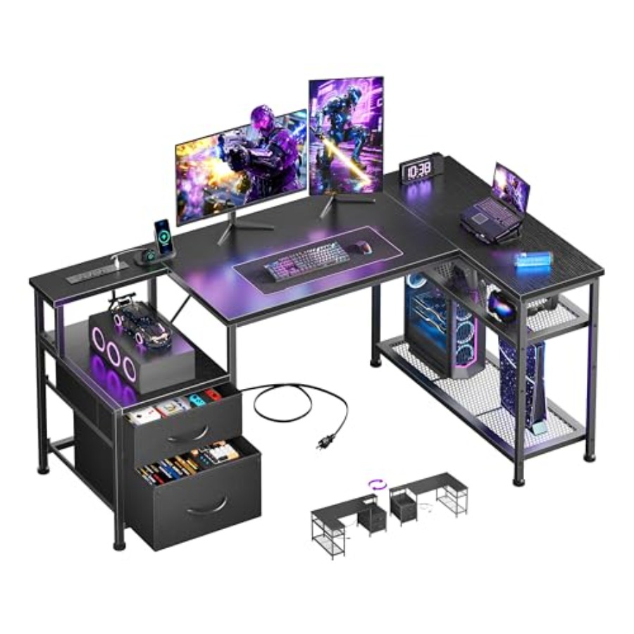 Desk Setup Black And Wood - 49 Inch L Shaped Gaming Desk