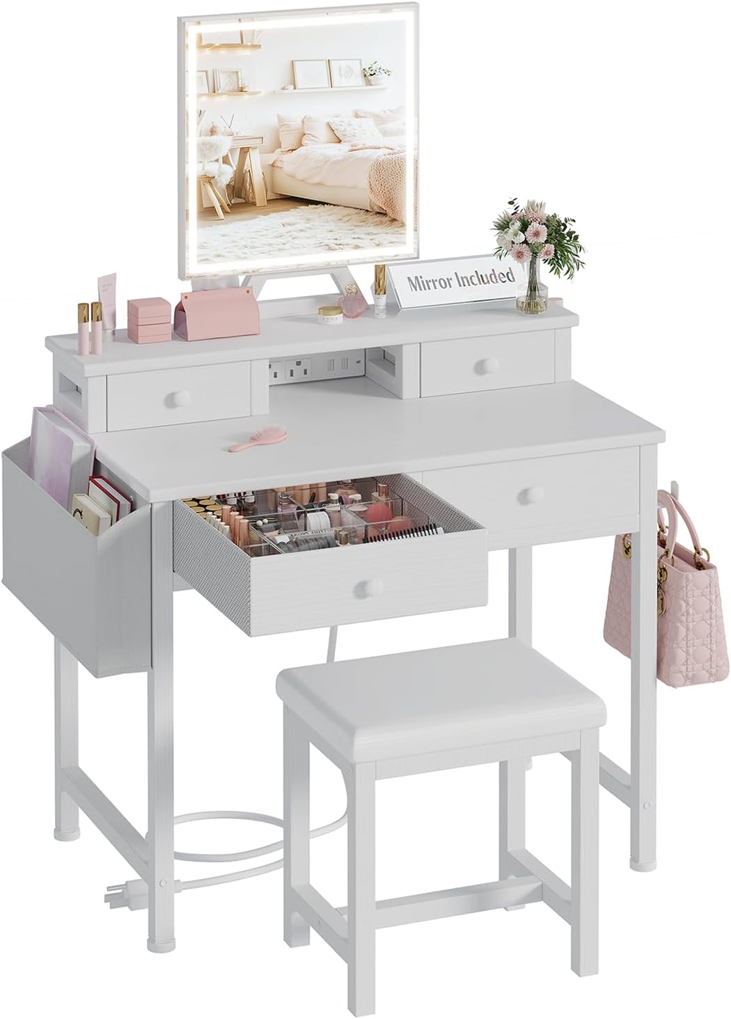 Desk Vanity Setup - White Makeup Vanity Desk with Mirror