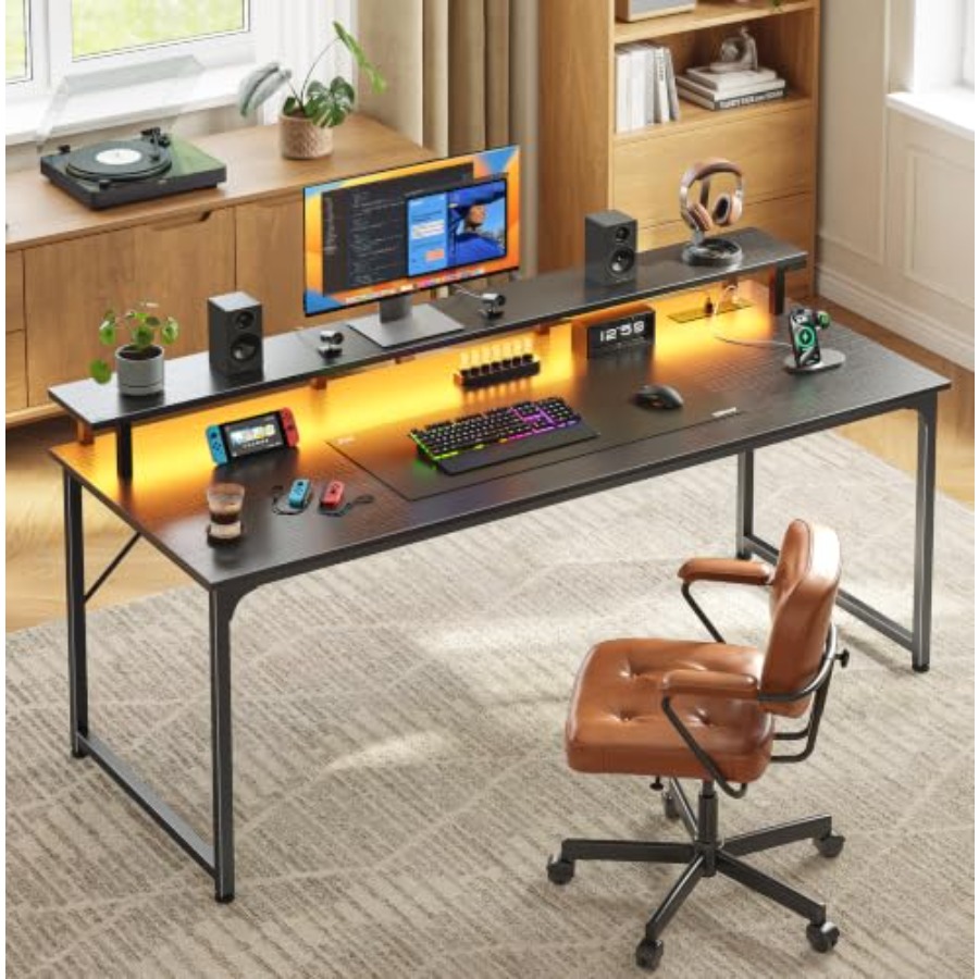 Gaming Desk with LED Lighting  - огляд і ціна Desk Setup Black And Wood