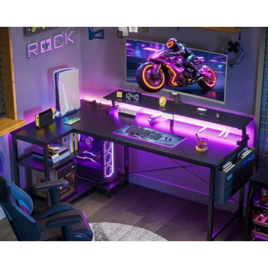 L Shaped Gaming Desk with LED  - огляд і ціна Desk Setup Black And Wood