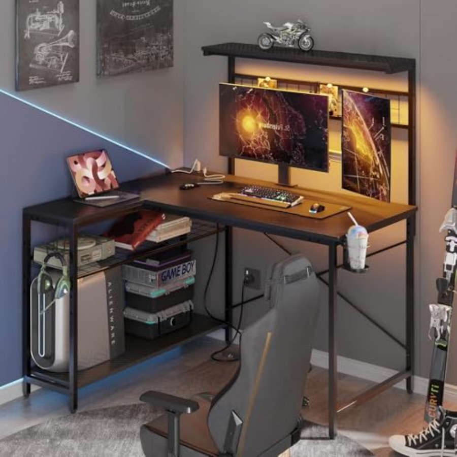 42 L Gaming Desk with Power Ou - огляд і ціна Desk Setup Black And Wood